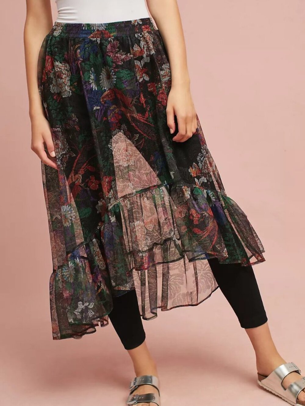 Anthropologie Maeve Meena Skirted Pants floral mesh overlay with tiered ruffles